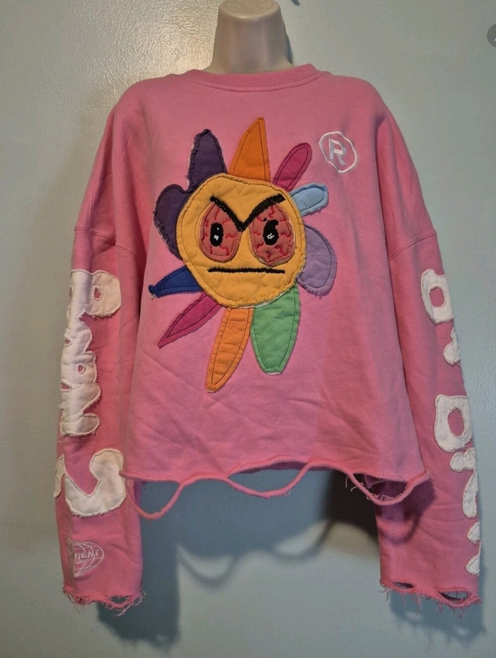 DDiferent Official Pink Distressed Patchwork Sun Cropped  Sweatshirt Streetwear